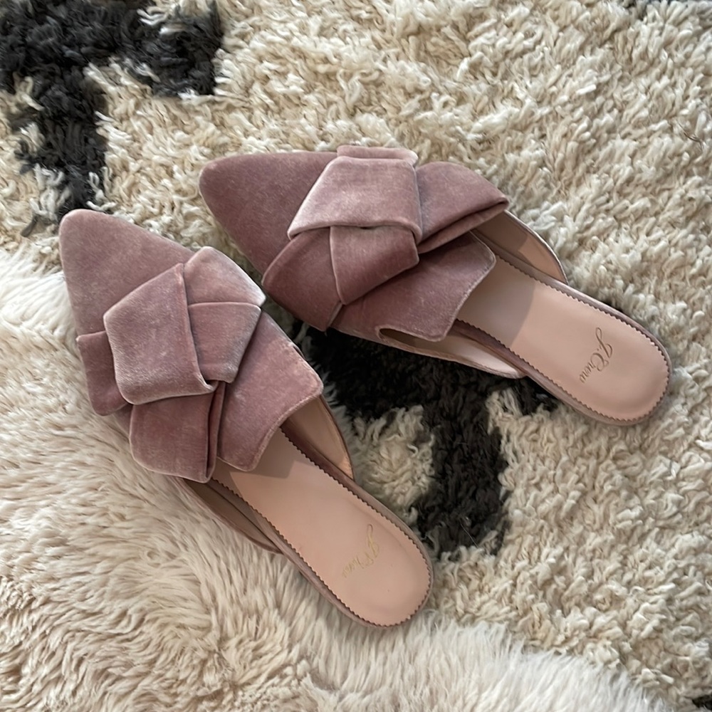 dusty blush velvet pointed toe JCrew mules